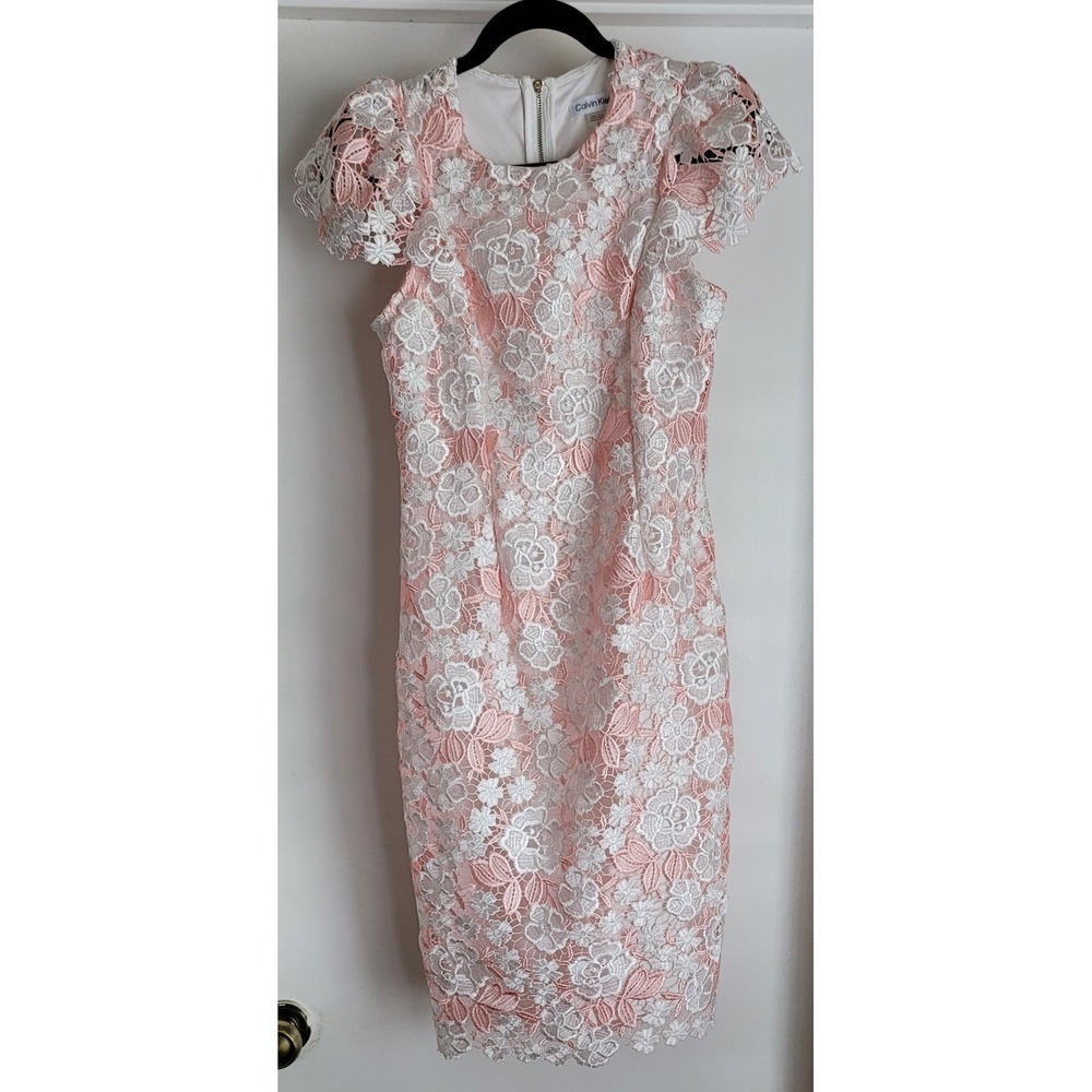 Calvin Klein Floral Midi Dress Size 2 Pink White Formal Short Sleeve Round Neck